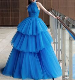 Fashion Blue Prom Formal Dresses 2024 Halter Ploes Ruffles Tiered Tule Evening Birthday Dress Celebrity feestjurken Robe de Soriee Custom Made Made