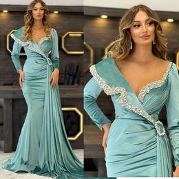 Mode bleu Satin perles sirène robes de soirée 2023 pure cou pleine manches robe de bal cristal formelle robes de soirée sur mesure