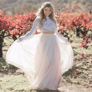 Mode Blush Rose Gothique Robe De Mariée Boho À Manches Longues Sexy Deux Pièces Plage Bohème Robe De Mariée Top Dentelle Robes De Mariée Sur Mesure Robe De Mari￩e