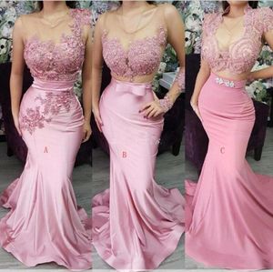 Mode Blush Roze Kant Satijn Lange Mermaid Prom Dresses Lange Mouw Junior Partyjurken Maid of Honor Jurken met Bow Evening Jurken BC2523