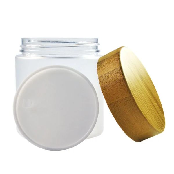 Mode Corps Beurre Crème Conteneur Emballage Bouteilles 150 ml 250 ml Ambre PET Cosmétique 8 Oz Pot En Plastique Avec Bouchon À Vis Bambou En Bois Couvercle