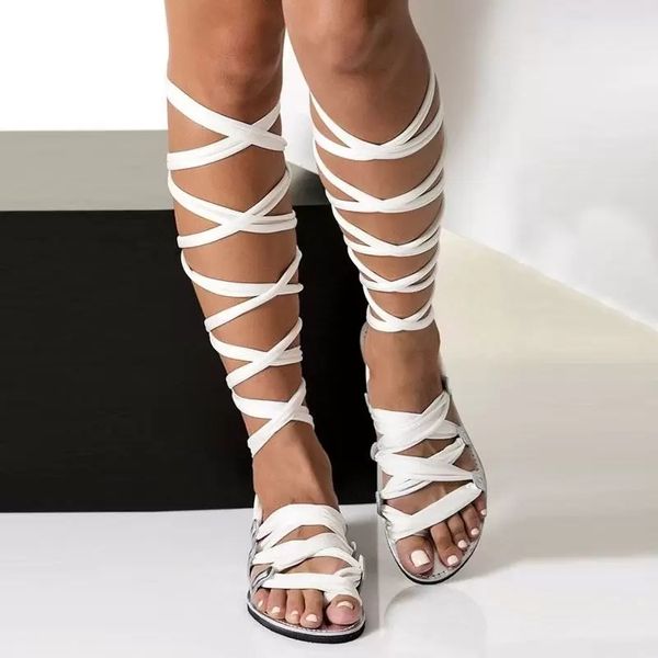 Mode bohême Style été appartements sandales gladiateur croix sangle Sexy genou haute femme bottes plat décontracté plage sandales pour femmes