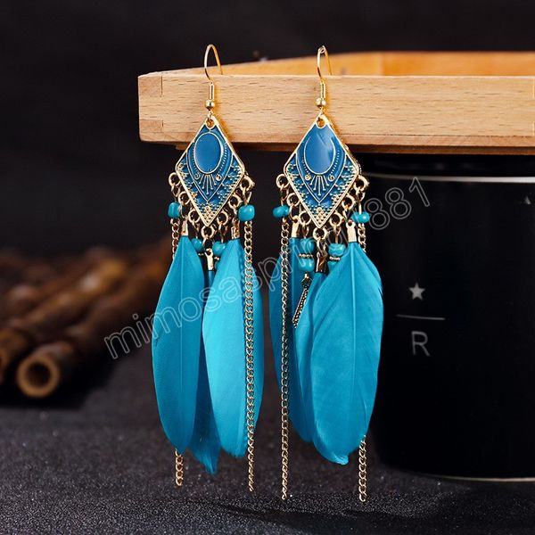 Mode Bohème Longue Chaîne Plume Gland Boucles D'oreilles Pour Les Femmes Rouge Bleu Blanc Couleur Géométrique Boucles D'oreilles Pendientes Mujer