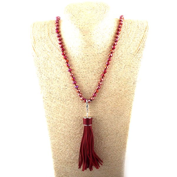 Fashion-Bohemian Tribal Jewelry Glass Crystal Long Knotted Leather Tassel Necklace 6 Color