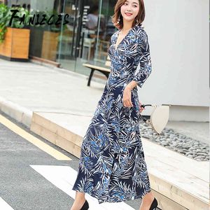 Mode Boho Floral Imprimer Summer Beach Femmes Casual À Manches longues Maxi Robes Sexy Col V-Col Vrame High Wrap Dress Streetwear 210520