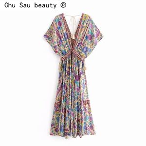 Mode Boho Lange jurk Folk Stijl Vintage Zomer Katoen Print V-hals Bat Sleeve Trekkoord Vakantie Midi voor Vrouw 210514