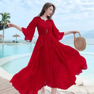 Mode Boho Rode Chiffon Beach Drwomen Zomer Trompet Mouw Geprikkelde Lace Up Geprealiseerde Drladies Holiday Long Maxi Dreess X0621