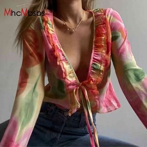 Mode Boho Ruffle Blouse See-Through Lace Up Bandage V-hals Tops Dames Lange Mouw Zomer Shirt Party Beach Cropped Top 210517