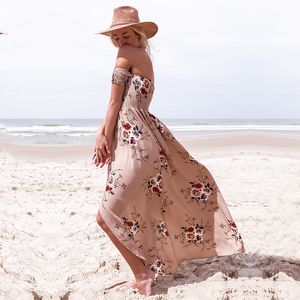Mode-boho stijl lange jurk vrouwen uit schouder strand zomer dame jurken bloemen print vintage chiffon witte maxi jurk vestidos