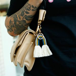 Mode boho weave rainbow tassel sleutelhanger tas hangt gouden sleutel houder mode sieraden cadeau wil en zand nieuw