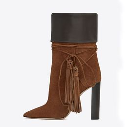 Mode-bottes en cuir talons épais Patchwork bouts pointus bottes d'hiver cheville chic femmes chaussures gland botas