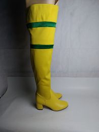 Mode-bottes bout pointu jaune maille couleur mélangée talons épais hiver femmes bottes au genou femmes chaussures botas