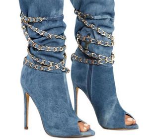 Mode laarzen Stiletto Heel Chain Blue Denim Boots Jeans Peep Tenen High Heels Winter Boots Women Shoes Half Botas feestschoenen4103813