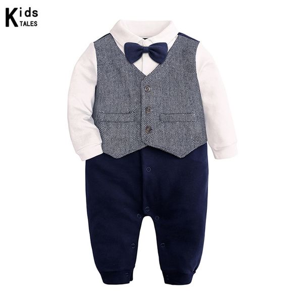 Mode né bébé garçons Gentleman costume formel barboteuse à manches longues combinaison noeud papillon smoking tenue vêtements pour 0-24M Bebes cadeau 210816