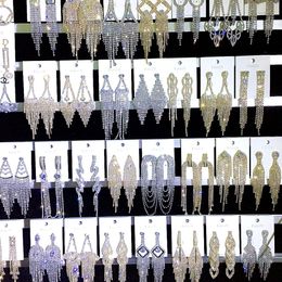 Moda arco industria pesada borla grande largo circón Rhinestone cuelga los pendientes de la lámpara brillante 925 aguja de plata mezcla 10 estilo