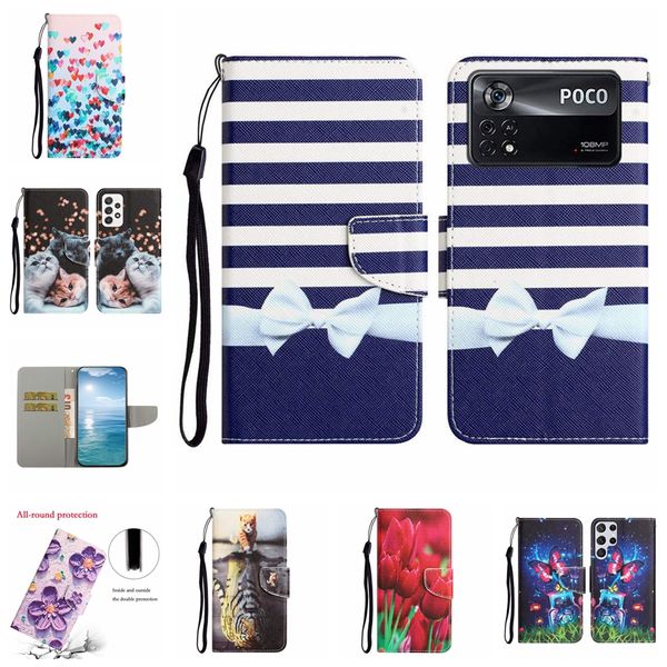 Estuches de billetera de cuero con rayas de arco de moda para Xiaomi Redmi 10C Note 11 Pro 11 4G 5G 10 9 9C Estampado de flores Mariposa Gato Tiger Bowknot Ranura para tarjeta Titular Flip Cover PU Bolsa