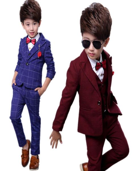 Fashion Boys Fream Wedding Suit Kids Plaid Blazer Vest Pantal