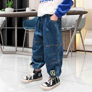 Moda Meninos Calça Jeans Algodão Azul Costura Calça Solta Escolar Jeans Casuais Crianças Primavera Outono Roupas Infantis G1220