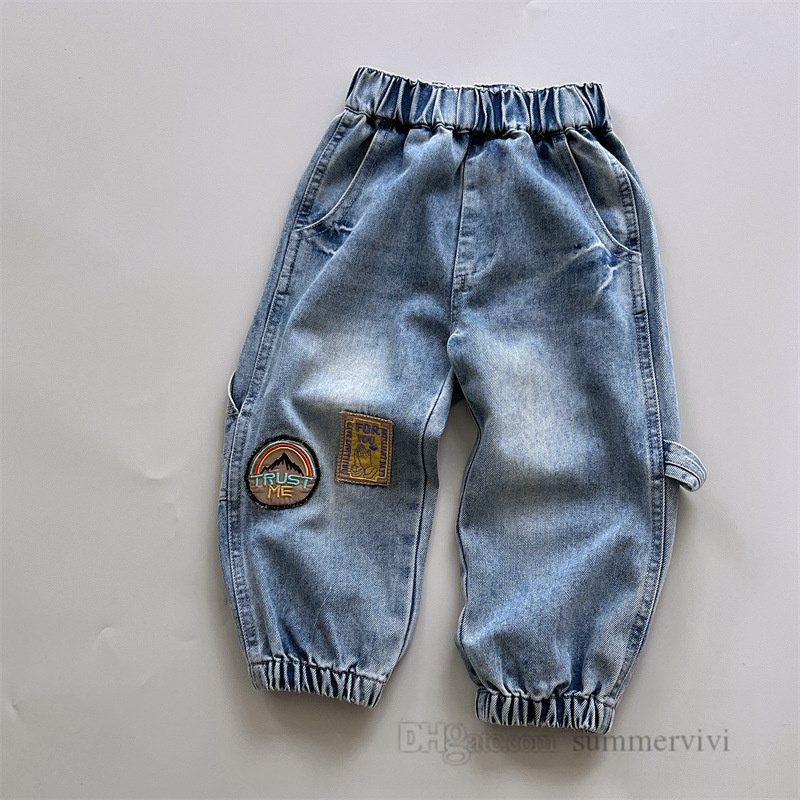 Lettera dei ragazzi della moda Appliques patch jeans bambini elastico pantaloni di denim con ankler 2023 Autunno bambini cowboys casual pantaloni z3514