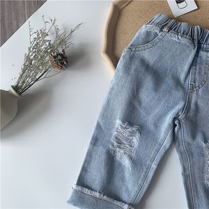 Mode jongens gescheurd jeans lente meisjes koreaanse stijl franje denim broek 1-6 jaar kinderen broek 210508