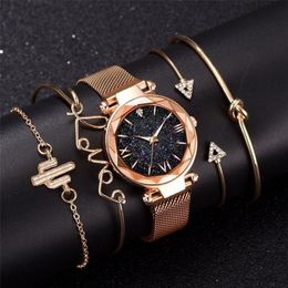 Bracelet de mode regarde les femmes 5 pcs sets luxury rose or dame watchs starry sky magnet boucle cadeau pour femme 201204232m