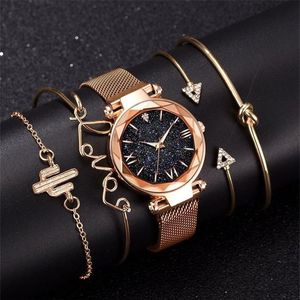 Mode Bracelet montres femmes 5 pièces ensemble de luxe en or Rose dame montres ciel étoilé aimant boucle cadeau montre pour femme 201204296S