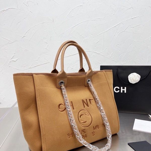 Marca de moda Bolsas de playa Bolso de diseñador Chan Bolso de compras para mujer Bolso de mano de lona de lino bordado de alta calidad Bolso de hombro de mano con cadena de lujo de gran capacidad