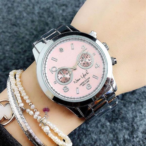 Marca de moda hermosa mujer chica letras de Nueva York estilo dial Metal banda de acero reloj de pulsera de cuarzo M6112212Y