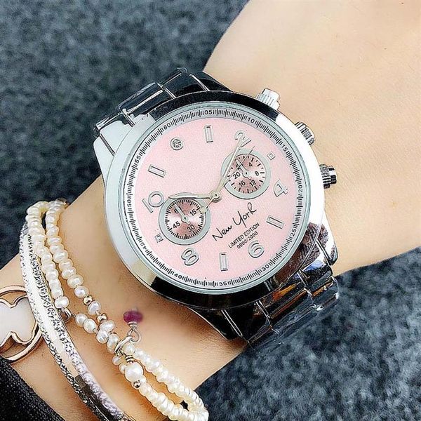 Marca de moda hermosa mujer Chica Nueva York letras estilo dial Metal acero banda Cuarzo reloj de pulsera M6112228x