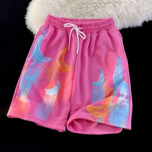 Modemerk kleurrijke maan geprinte casual shorts voor mannen vrouwen in de zomer, los passend stel, dames zomerjurken