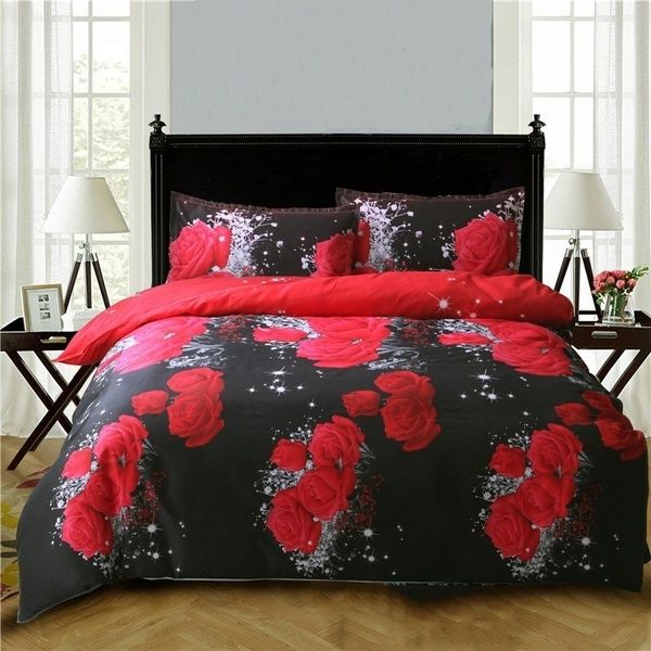 Marca de moda de alta calidad Nice3D pintura al óleo rosa roja juego de cama Queen King Size edredón bolsa edredón conjunto rojo negro