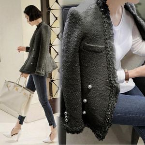 Mode-merk dame winter parels kwasten wollen jas jas vrouwen vintage casaco femme warme tweed jas elegante overjas