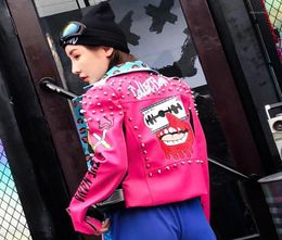 Fashion Brand Leopard Print Rivet Leather Jacket Women Biker Mabe 2019 Nouvelle collection Spring Fun Graffiti FAUX Leather Jacket17453027