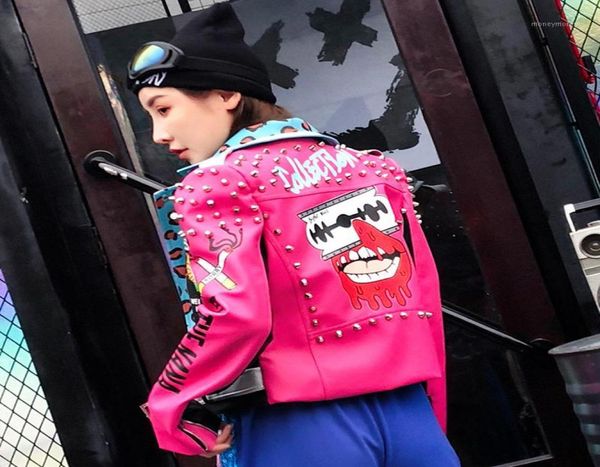 Fashion Brand Leopard Print Rivet Leather Jacket Women Biker Mabe 2019 Nouvelle collection printemps Fun Graffiti FAUX Leather Jacket12373323