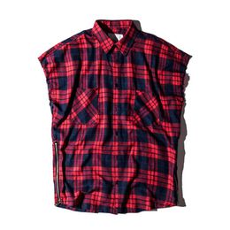 Mode Marke Kariertes Hemd Männer Hip Hop ärmellose Shirts Herren seitlichem Reißverschluss Shirt Camisa Masculina Swag Plus Size2898