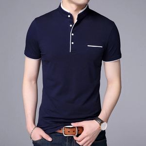 Marque de mode Polo hommes été col Mandarin coupe ajustée couleur unie bouton respirant Polos décontracté hommes vêtements 240219