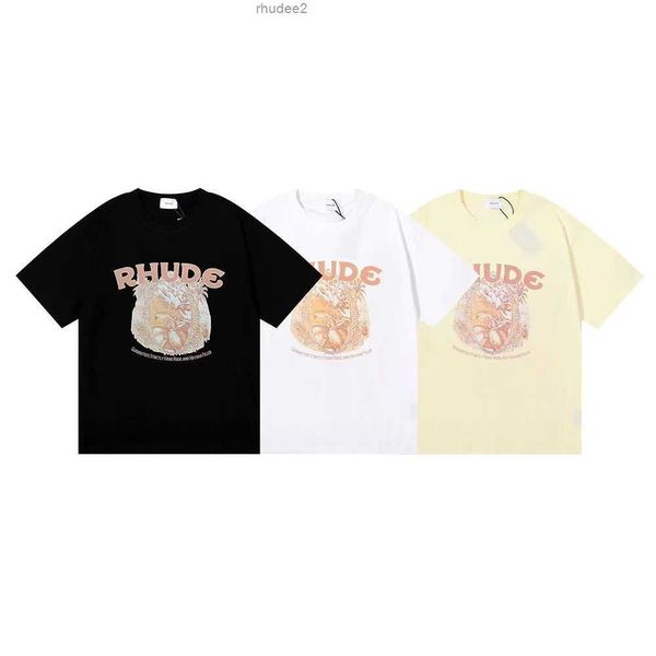 Marque de mode Rhude Simple couleur imprimé poids élevé Double fil manches courtes t-shirt pour hommes et femmes rue lâche chemise à manches mi-longues COPL