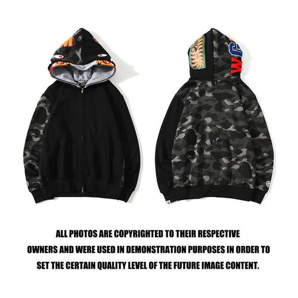 Marca de moda Shark Tiger Head Sombrero doble Camuflaje Suéter cosido Street Coat Hoodie