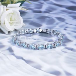 Modemerk U Geometry Designer Bedelarmband voor dames Zilver Shining Sea Blue Crystal Armbanden Bangle Party Wedding Sieraden met CZ Zirkoon Bling Diamond Stone