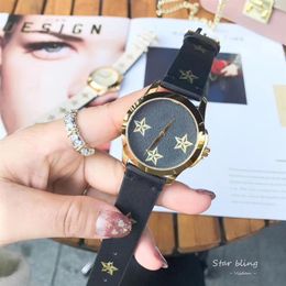 Modebrand horloges voor vrouwen Lady Girl vijfpuntige ster bijenstijl Lederen band Quartz Pols Watch G78288LL