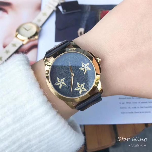 Montres de marque de mode pour femmes dame fille étoile à cinq branches style abeille bracelet en cuir montre-bracelet à Quartz G78271K