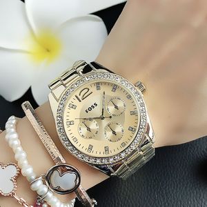 Montres de marque de mode femmes fille cristal 3 cadrans style métal bracelet en acier montre-bracelet à Quartz FO 08193a