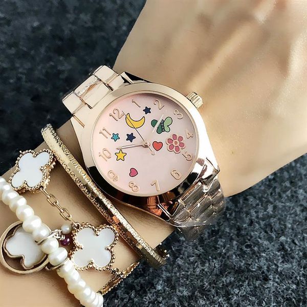 Relojes de marca de moda para mujer y niña, reloj de pulsera de cuarzo con banda de acero y metal estilo mariposa y estrella T140237h