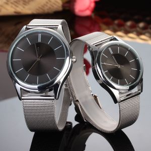 Mode Merk Dames Heren Unisex Lovers 'Silver Steel Metal Band Quartz Polshorloge C01