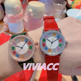 Marca de moda Mujer Crystal Rainbow Relojes Multicolor Gem Circle reloj Damas Casual Cuarzo Reloj de cuero genuino Full Colorful Diamond Clock