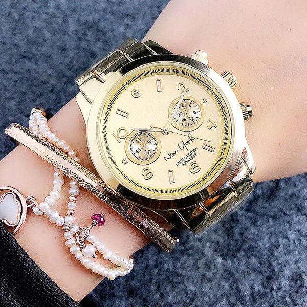 Reloj de pulsera de cuarzo con banda de metal y acero estilo Nueva York con 2 esferas para mujer de marca de moda M6112251B