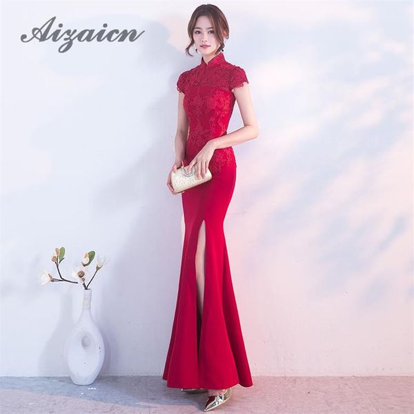 Moda novia sirena roja vestidos de noche chinos Cheongsam largo Sexy Vestido Oriental tradicional Vestido de novia mujeres Qipao266s