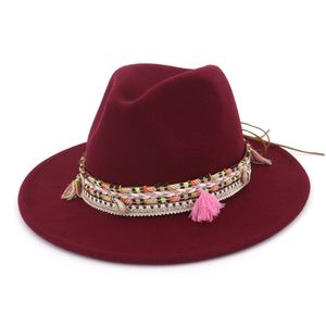Mode-Braim Wol Felt Fedora Hoeden Met Etnische Gevlochten Lint Mode Jazz Cap Retro Panama Style Trilby Formal Hat