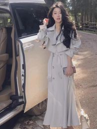 Mode Britse Stijl Zeemeermin Jurk 2 Delige Set Koreaanse Revers Korte Trenchcoat Outfit Elegante Herfst Lente Kleding Pak 240321