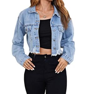 Fashion Hoes Broken Tassel Hem Denim Jacket Femmes Double poche Coat décontracté femelle Single Breasted Cardigan Short Extérieur 240423